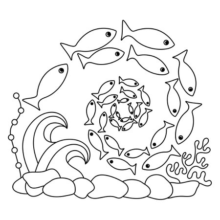 A shoal of fish. Coloring book for kids. Underwater coloring page. Antistress Monochrome Vector illustration.のイラスト素材