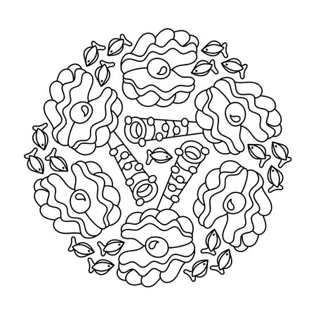 Sea mandala coloring page. Underwater coloring book for children and adult Pearls in shells. vector illustration.のイラスト素材
