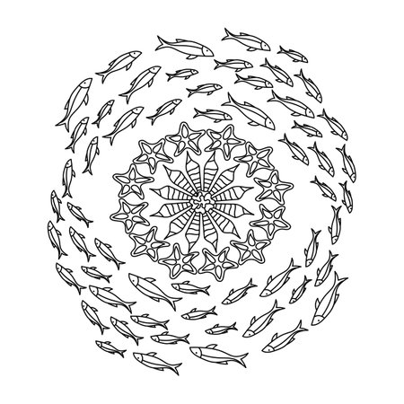 Undersea Coloring Book page. Shoal of fish and starfish. Black and white vector illustration.のイラスト素材