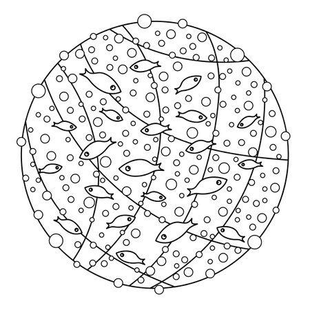 underwater world. Mosaic round panel. Coloring book for children and adults. Black and white vector illustration. Fish, air bubblesのイラスト素材