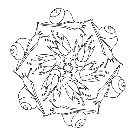Snails and flowers. Coloring book page for children. mandala. Black and white Doodle vector illustration.のイラスト素材