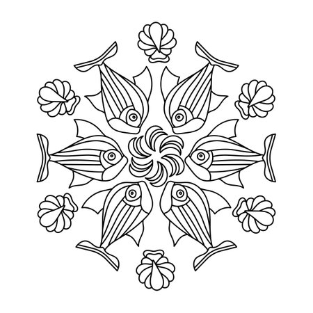 Coloring book page for children. Mandala with fish. Vector design, hand-drawn.のイラスト素材