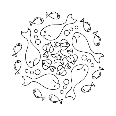 Coloring book page for children. Mandala with whale and fish. Vector design, hand-drawn.のイラスト素材