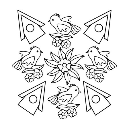 Coloring page for children, Mandala. Birds, birdhouse and flowers. vector illustrationのイラスト素材