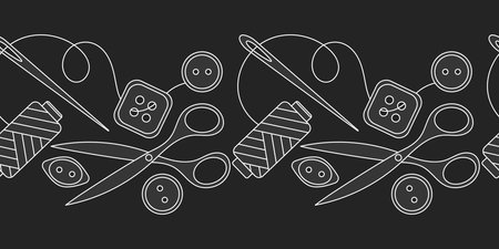Needlework, sewing, hobbies. seamless border. Sewing needles and threads, scissors, buttons. vector illustration.のイラスト素材