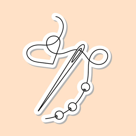 sticker. Heart, beads on a thread, a needle. love cards. hand-drawn vector illustrationのイラスト素材