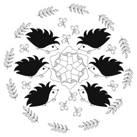 Coloring book with Hedgehog and mushrooms. Coloring page for children. vector illustrationのイラスト素材