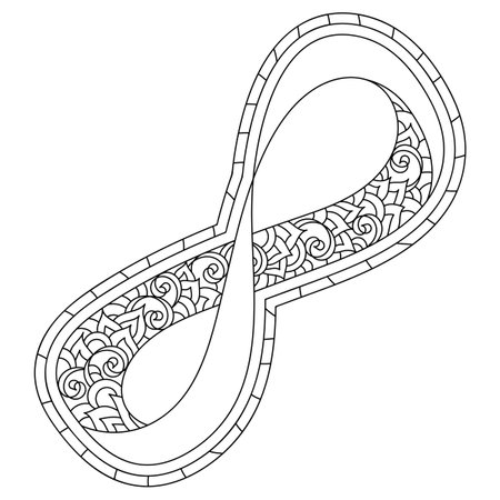 Coloring book for adults. The infinity symbol, the Mobius strip. Decorated with doodle elements. A simple flat vector design element.のイラスト素材