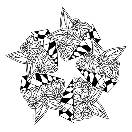 Geometric shapes and flowers. Coloring book page for adults. Hand drawn vector illustration.のイラスト素材