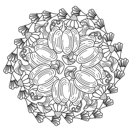 Autumn harvest Oktoberfest. Mandala color book. Cartoon vector drawing. Pumpkins, mushrooms, flowers.のイラスト素材