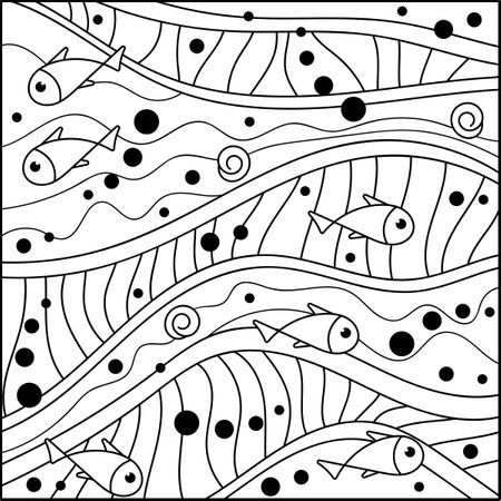 Underwater coloring book page. Undersea life. Stylized cartoon fish. Antistress art for adults and children.のイラスト素材