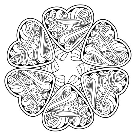 Mandala. Vintage decorative elements. Coloring pages for adults and children. Background with hearts. Doodle Linear art. Hand drawn vector illustrationのイラスト素材