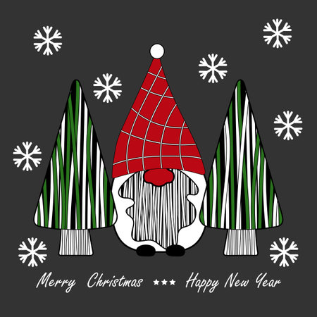 Christmas trees and Cute Gnome. Hand drawn vector illustration. Greeting card templateのイラスト素材