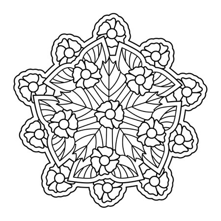 Meditative mandala. Floral coloring book page. Doodle Flowers and leaves. Vector black and white. Hand-drawn illustration.のイラスト素材