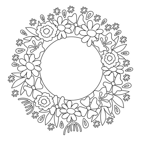 Coloring book page. Floral doodles wreath for printing. Space for text. Black and white hand drawn vector illustrationのイラスト素材