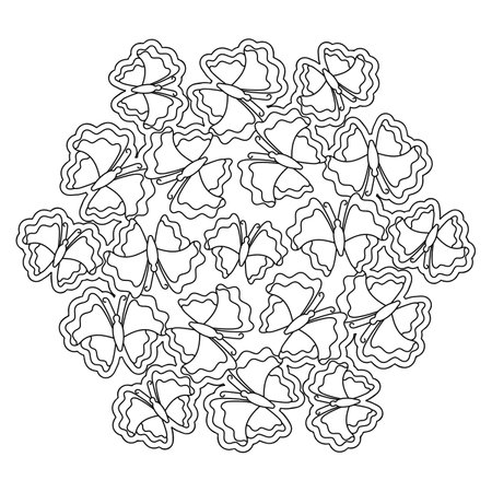 Mandala with butterflies. Coloring book page, meditative drawing. Hand drawn vector illustrationのイラスト素材