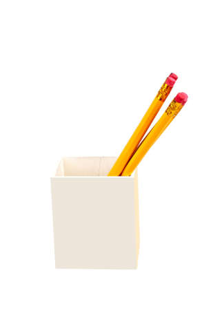 wooden pencils holder isolated on a white backgroundの写真素材