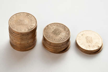 Close up lot of romanian money, coinsの写真素材