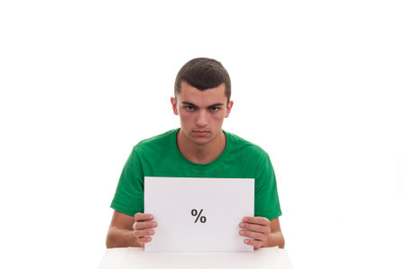 Handsome young man holding white frame with percentage symbol