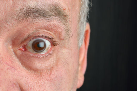 Close up picture of brown mature human eye, on the eye you can see small red veins. Healthの写真素材