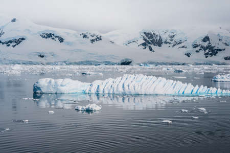 Beautiful crocodile iceberg drifting in Antarctic watersの写真素材