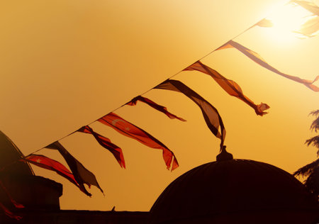 Sunset over Istanbul mosque silhouette and turkish flagの写真素材