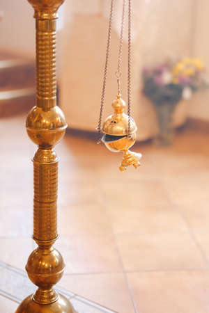 Orthodox icon lamp. Church attribute. Lampstand Church. Christianity and faith. Religious temple. Prayer and penance. Inside of the Church. Orthodoxy and Catholicism.の写真素材