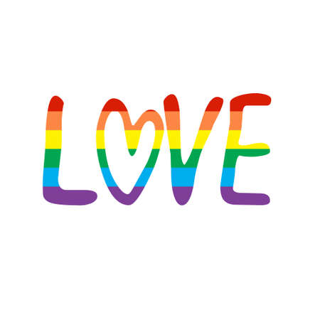 Love phrase. Love lettering vector for background, Vector hand drawn illustration with brush painted word Love and curly heart shape. Valentines Day LGBTQ related symbol in rainbow colors.のイラスト素材