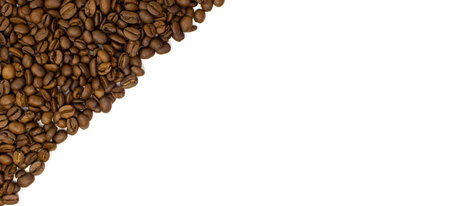 Roasted coffee beans isolated on white background. Copy space mock-up. Concept with white space. Top...