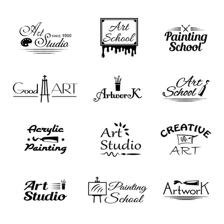 Set of vector art studio emblems. Painting icons isolated. Craft stamps illustration. Paint tools silhouette. Retro label. Badge and emblems. Artwork school sticker. Creative tag.のイラスト素材