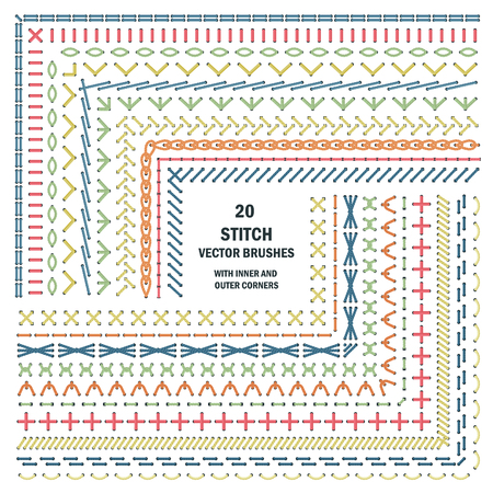 Set of vector embroidery stitch pattern brushes. Ethnic craft design. Cross bordersのイラスト素材
