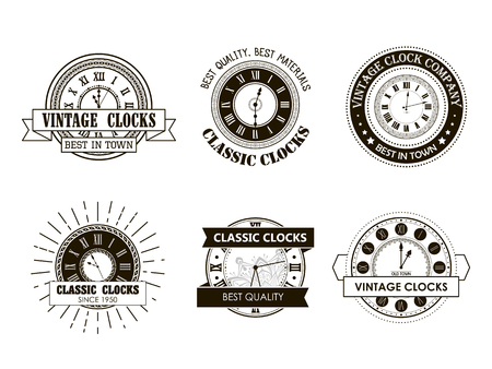 Collection monochrome hipster vintage label, logotype, badge for business. Retro watch graphic stamp. Repair company. Antique emblemのイラスト素材