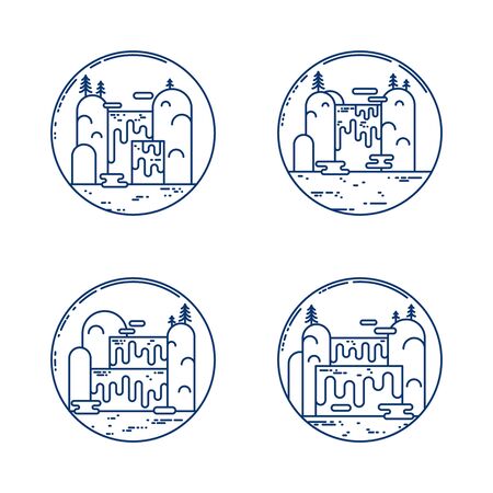 Set of flat line concept with waterfall and mountain landscape. Trendy vector graphic design. Travel or tourism adventure background. Outdoor park activity. Explore nature waterfallのイラスト素材