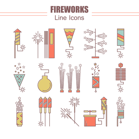 Colorful vector fireworks icons. Festival or party elements. Line carnival illustration. Firecracker set. Entertainment decorating. Cartoon surprise flat pictogram. Show spark symbols.のイラスト素材