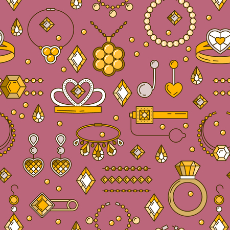 Set of vector jewelry line seamless pattern. Diamond luxury colorful collection. Ring necklace earrings chain diadem silhouettes. Pearl gold silver gem crystal sapphire element. Treasure collection.のイラスト素材