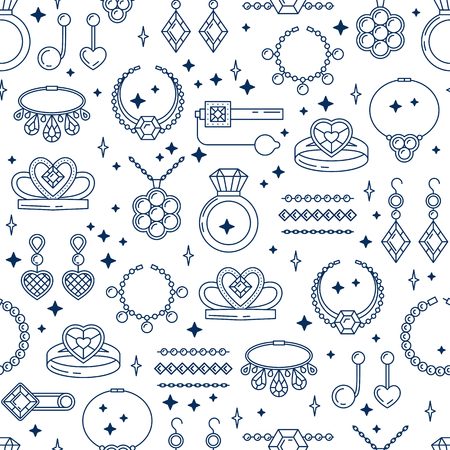 Set of vector jewelry line seamless pattern. Diamond luxury collection isolated. Ring necklace earrings chain diadem silhouettes. Pearl gold silver gem crystal sapphire element. Treasure collection.のイラスト素材