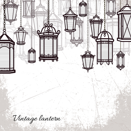 Vector vintage lantern set background Classic antique light backdroop. Ancient retro lamp design. Traditional silhouette. Old graphic object design. Elegant collectionのイラスト素材