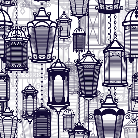 Lantern seamless pattern. Classic antique light. Ancient retro lamp design. Traditional silhouette. Old graphic object design. Elegant collectionのイラスト素材