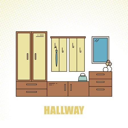 Lovely and colorful vector interior hallway design room in trendy line style. Modern home decoration. Minimalistic background. Geometric house elements.のイラスト素材