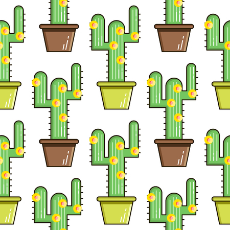 Cactus and succulents vector line seamless pattern. Exotic floral garden silhouettes. Nature cacti colorful design illustration. Graphic cartoon plant collection isolated.のイラスト素材