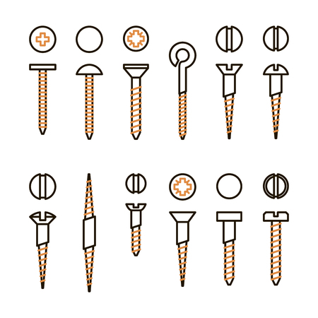 Vector screws nails and wall plugs icon collection. Nuts line set. Constructor elements illustration. Repair bolt silhouettes. Building tools symbols.のイラスト素材