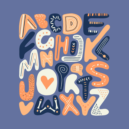 Vector alphabet handdrawn poster. Creative background. Perfect for book or notebook covers, postcard, education centers. Latine letters. Unique artwork.のイラスト素材