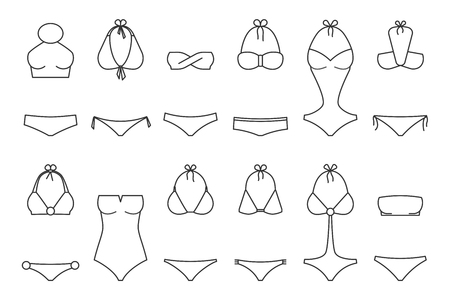 Vector illustration of women's swimsuit outline design set. Fashion bikini collection. Female stylish swimwear silhouettes isolated. Flat beach clothing underwearのイラスト素材