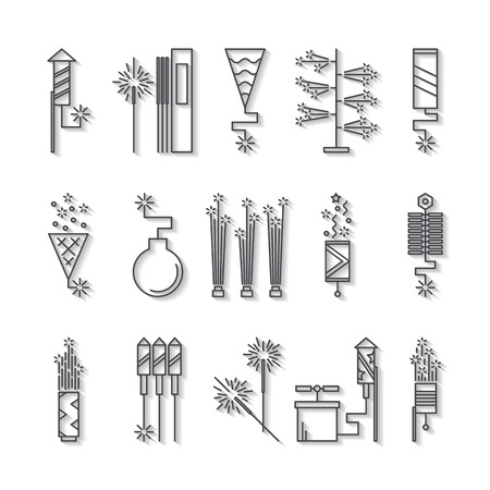 Black and white vector fireworks icons with shadow. Festival or party elements. Line carnival illustration. Firecracker set. Entertainment decor. Cartoon surprise flat pictogram. Show spark symbols.のイラスト素材