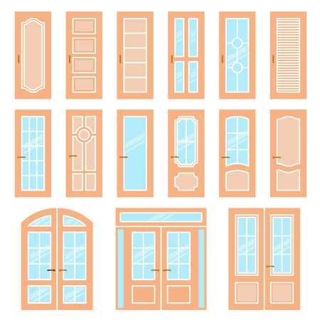 Vector doors design set. Modern and classic flat enterance collection. Interior doorway illustration. Elegant wood passage construction. Wooden colorful style isolatedのイラスト素材