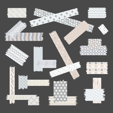 Scotch, color patterned adhesive tape collection, different size pieces isolated on dark background. Vector set of torn paper edges.のイラスト素材