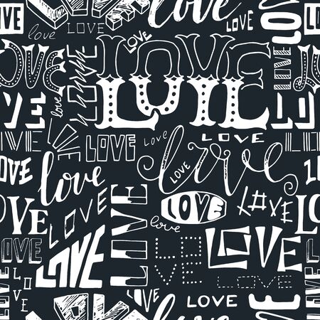 Typographic style seamless repeat pattern. Hand lettered text in black and white, hand drawn word love. Greeting card template, poster, wrapping paper.のイラスト素材