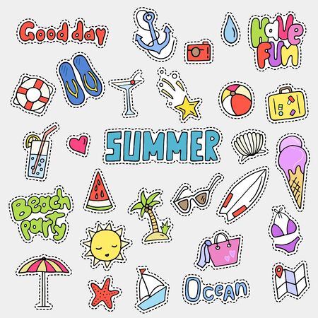 Pop art fashion chic patches, pins, badges and stickers with summer theme. Cute hand drawn vector illustration. Doodle style collection. Objects isolatedのイラスト素材