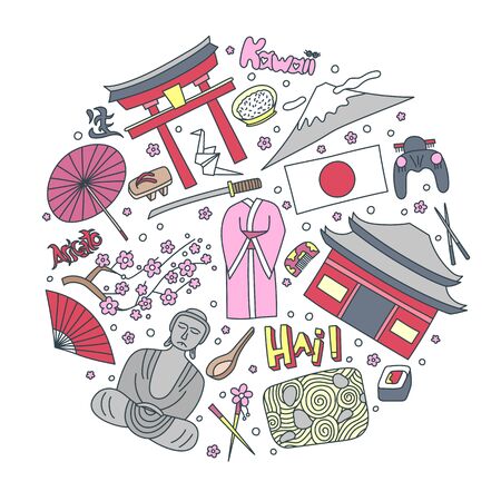 Hand drawn icons with Japan symbols - Kimono sakura flag buddha rice sushi stone garden rice origami geisha. Stickers, pins and patches in line style.の写真素材