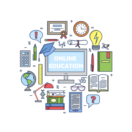 Online education icons vector set isolated. Web teaching collection. Site education sign. Computer books, diploma certificate calculator globe. Line styleのイラスト素材